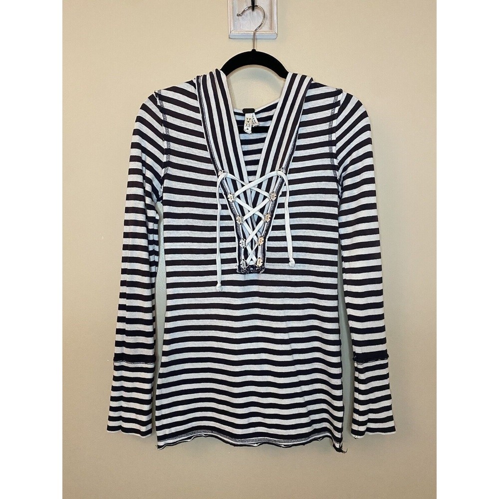 Free People We The Free Womens Long Sleeve Striped Hooded Lace Up Shirt Sz XS